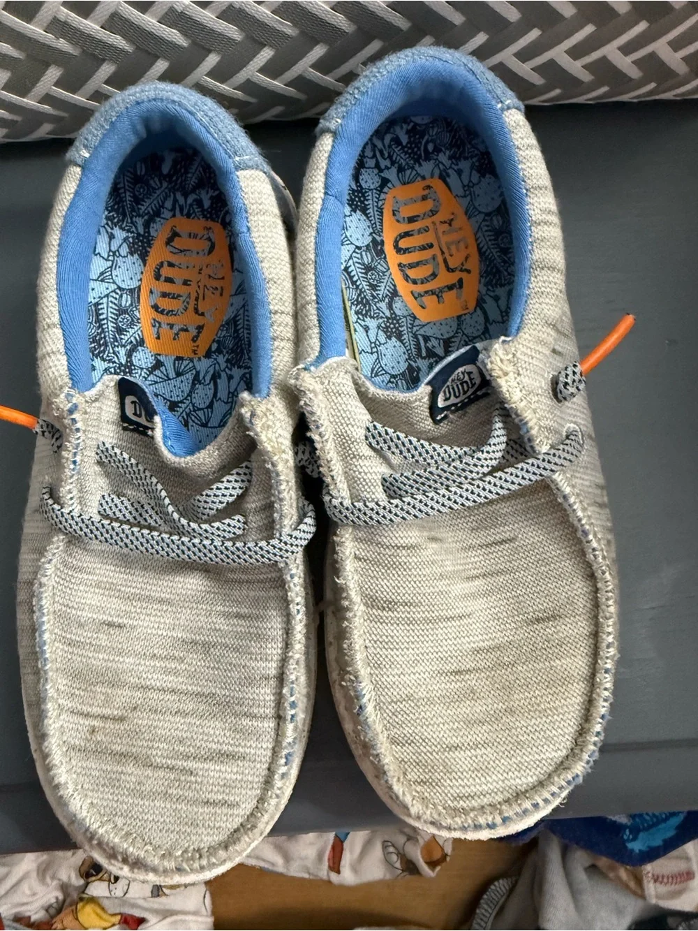 Hey Dude Kids Slip-On Moccasins in Beige with Blue Lining and Orange Accents